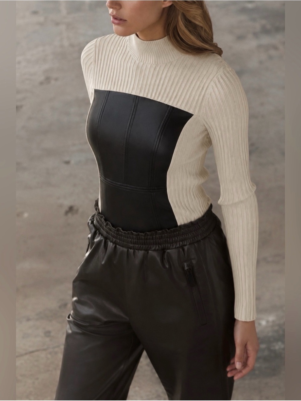 Alp N Rock Cream Ribbed Sweater with Black Faux-Leather Front Panel